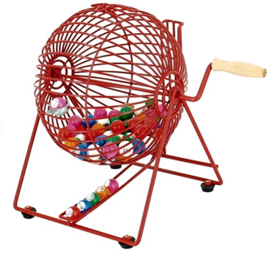 Rode bingomolen met een houten handvat, gevuld met gekleurde bingoballen.