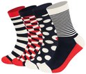 Vier Happy Socks met patronen: marineblauw met witte stippen, zwart-wit gestreept, rood-wit geblokt, en marineblauw met witte strepen.