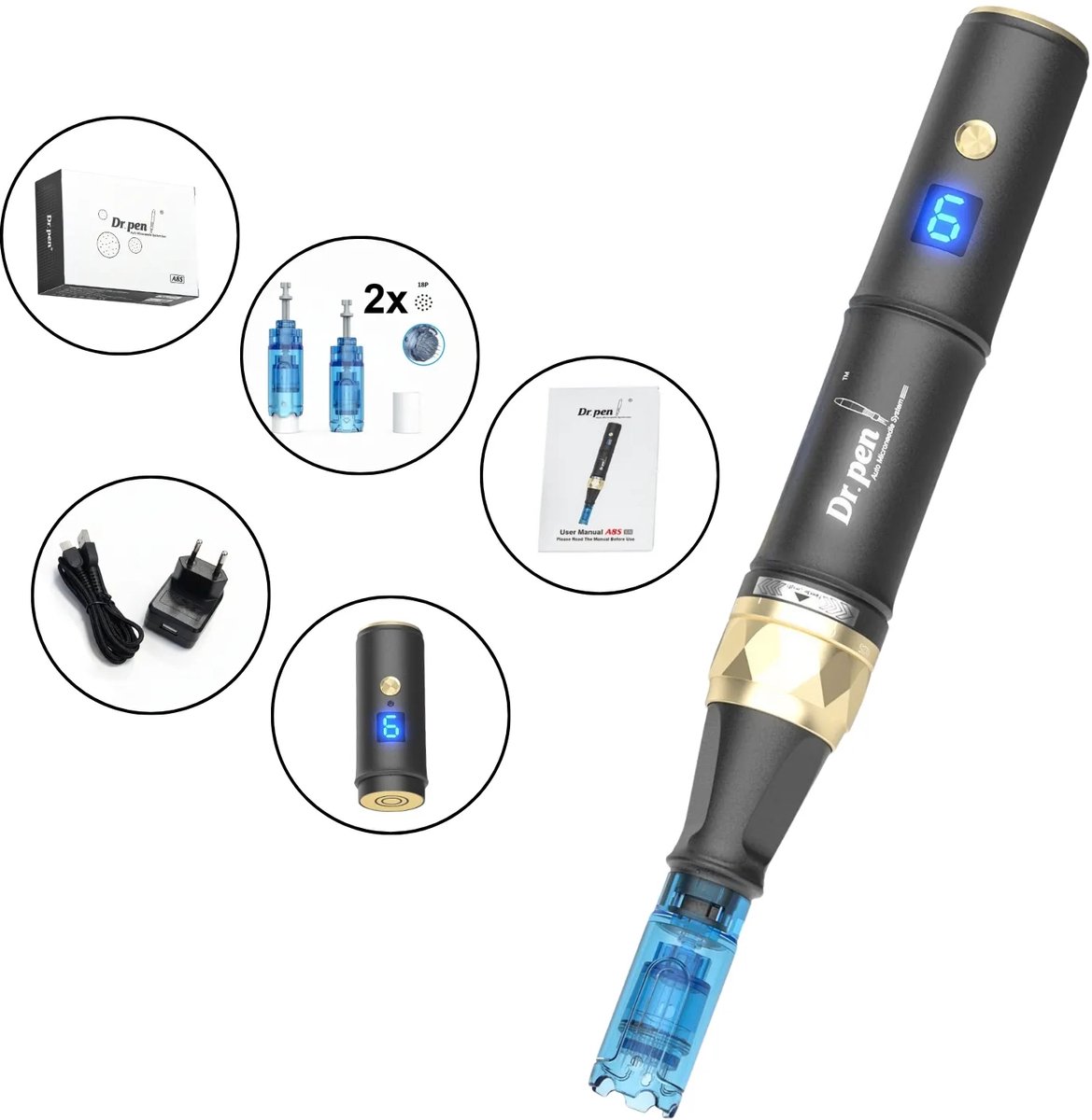 Dr Pen A8S dermapen - professionele microneedling pen voor huidverjonging - dermastamp en dermapen in 1 apparaat - microneedling apparaat voor gezicht en lichaam - incl. 2 extra cartridges met 18 naalden - instelbare snelheid - thuis en salon gebruik