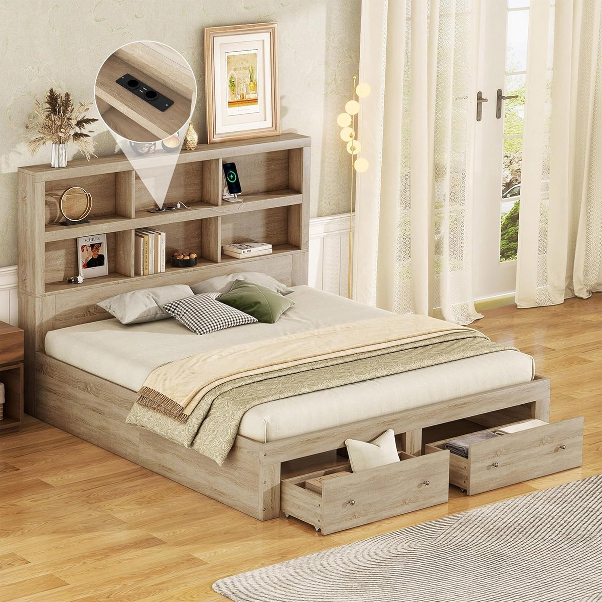 Tweepersoons Houten Bed met Lattenbodem en Opbergruimte (160x200 cm) - Platformbed met Laden en Nachtkastje