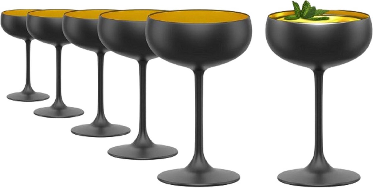 Elegante Kristallen Champagneglazen Set van 6 - 230 ml Zwart/Goud voor Prosecco en Cocktails - Vaatwasserbestendig en Schokbestendig