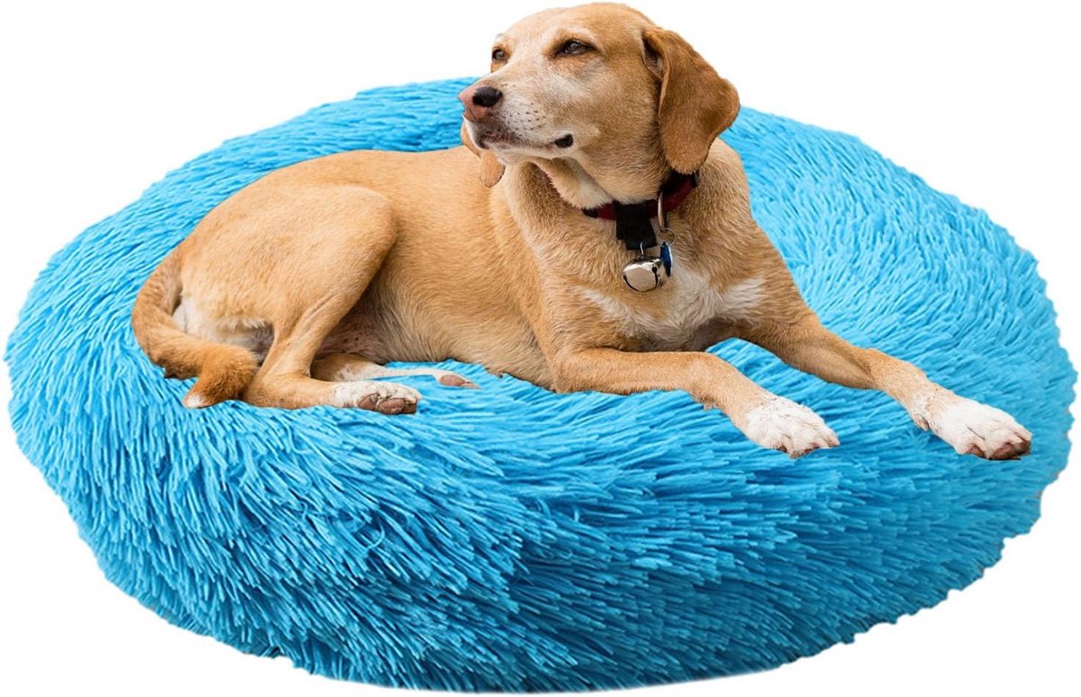 Rond Pluche Huisdierbed Donut - Wasbaar Honden- en Kattenkussen met Antislip Bodem, Blauw 90 cm