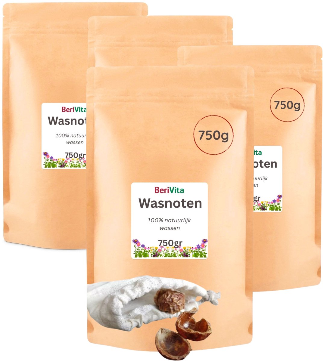 Wasnoten 3kg met 4 Waszakjes - Zeepnoten - Natuurlijk Wassen - 4x750gr