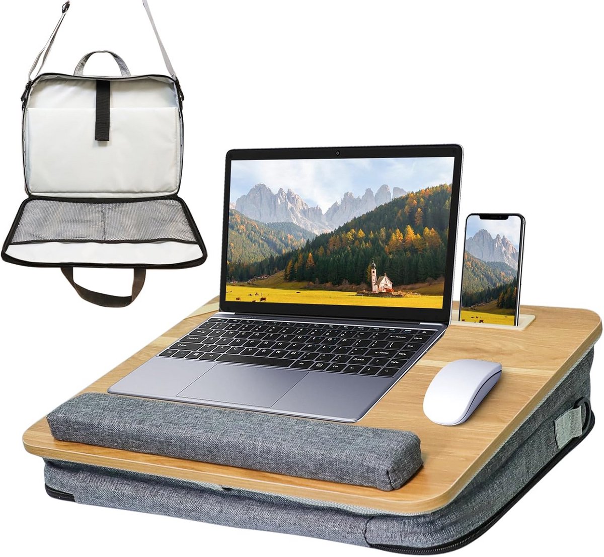 Schootbureau voor laptop met kussen en opbergruimte - Draagbaar werkstation tot 15,6 inch