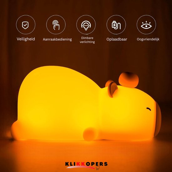 Capybara Lamp - Capibara Nachtlampje - Nachtlampje Kinderen & Baby - Siliconen - Lampje Slaapkamer - Knijplampje Baby - Touch lamp van Merkloos — afbeelding 4