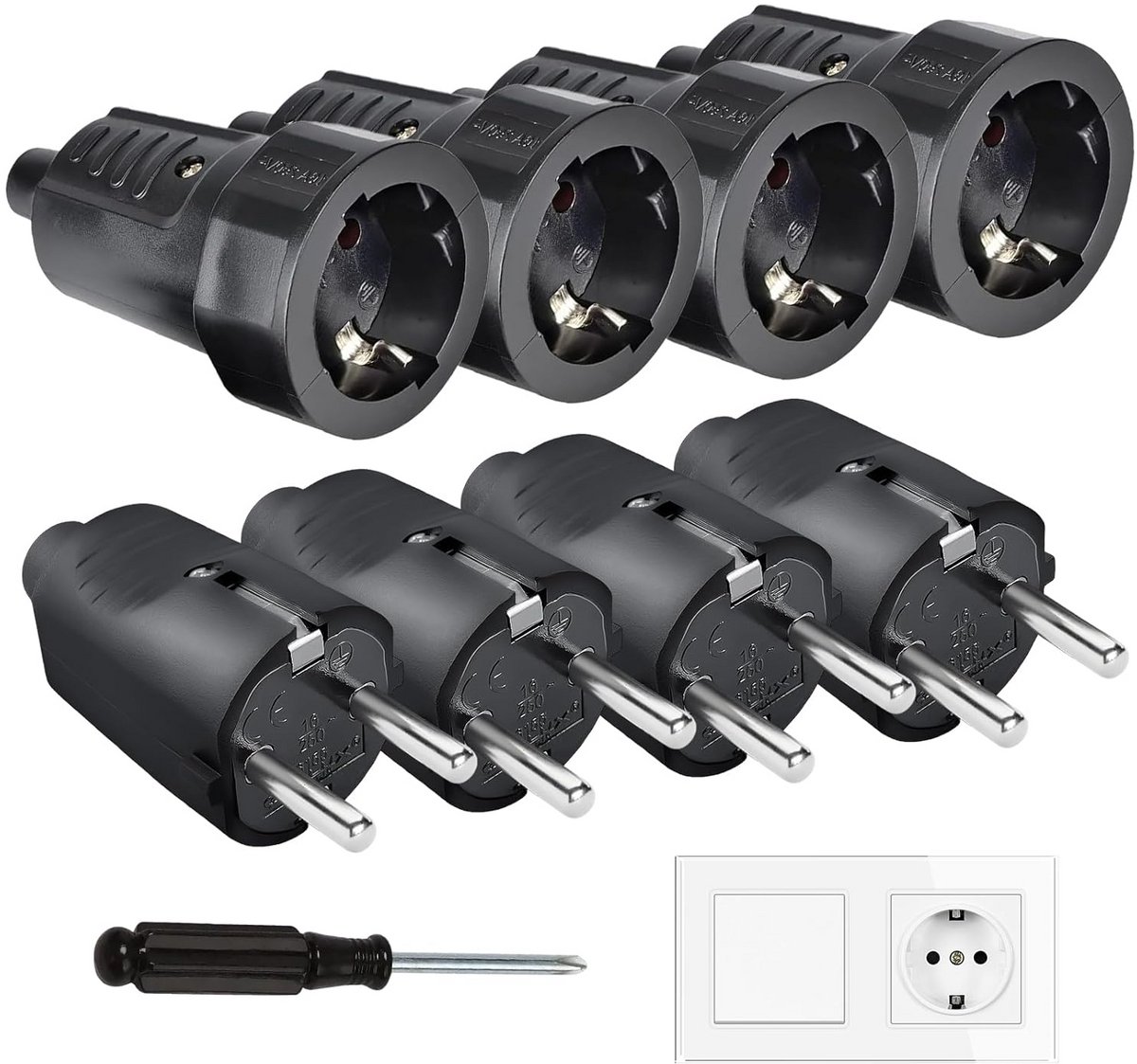 8-Delige Schuko Stekker Koppeling Set voor 8-10 mm Kabel
