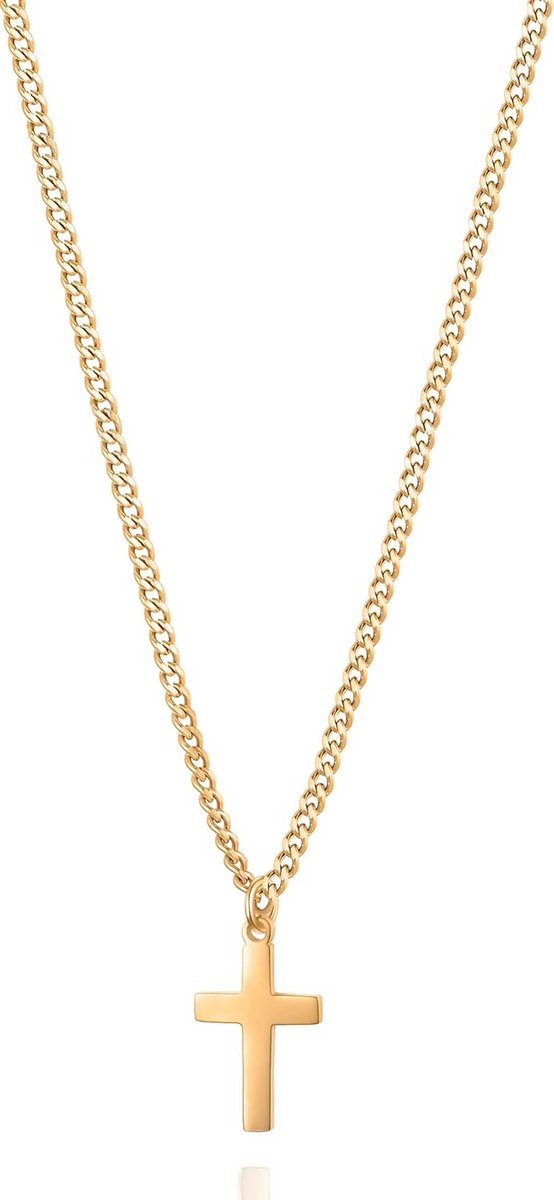 Heren Kruisketting van 18 Karaat Verguld Roestvrij Staal - 50 + 3 cm, Nikkelvrij en Waterdicht