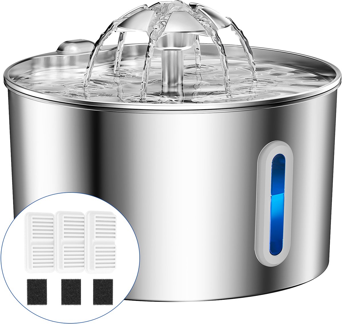 Balimo® Katten Waterfontein - Drinkfontein - RVS - Kattenfontein - 2,2L - Ultra Stil - Met 3 Filters En 3 Sponzen - voor Kat of Hond - Fluisterstil