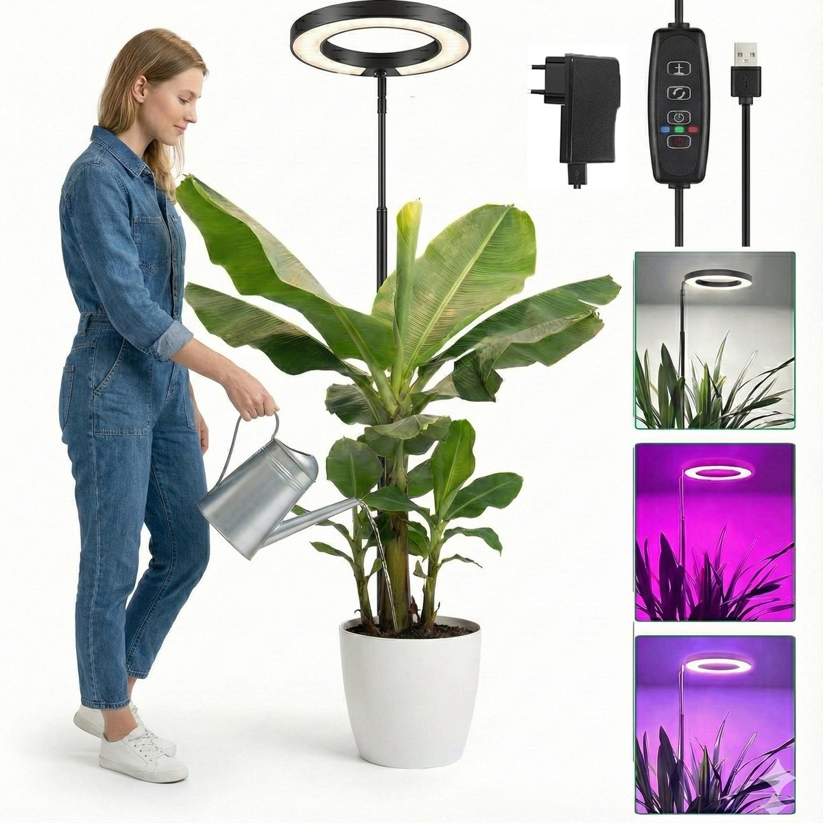 MUPOO Groeilamp Planten Zwart 160 LEDS met 26cm Ring - Kweeklamp Led Full Spectrum met Dimbare Helderheid - 9-traps Dimmen - In Hoogte Verstelbaar (35-155cm) - Timer 3/9/12 - planten lamp voor Kamerplanten