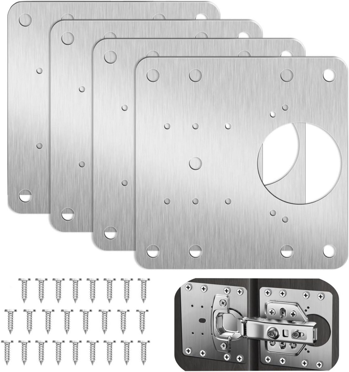 Scharnierreparatieplaat met schroeven - Kastreparatieset voor Keukenkasten - Roestvrij Staal - 4 Stuks