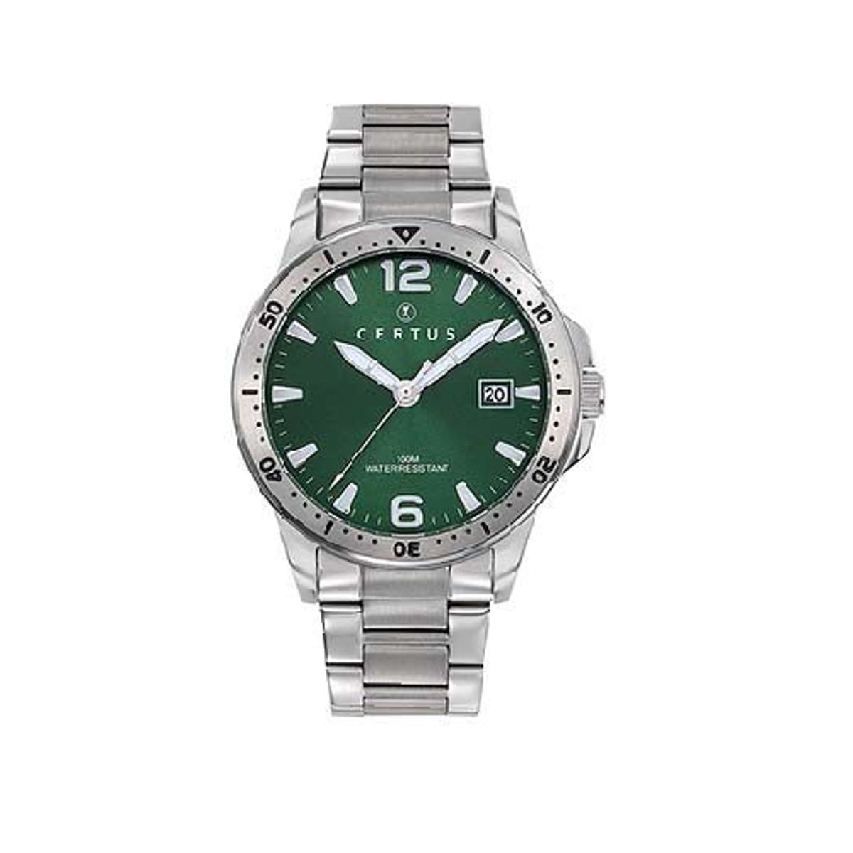 Certus-model 616459-horloge-heren-datum-zilverkleurig-groene wijzerplaat-diameter 40 mm-10 atm waterdicht-gemaakt in Frankrijk