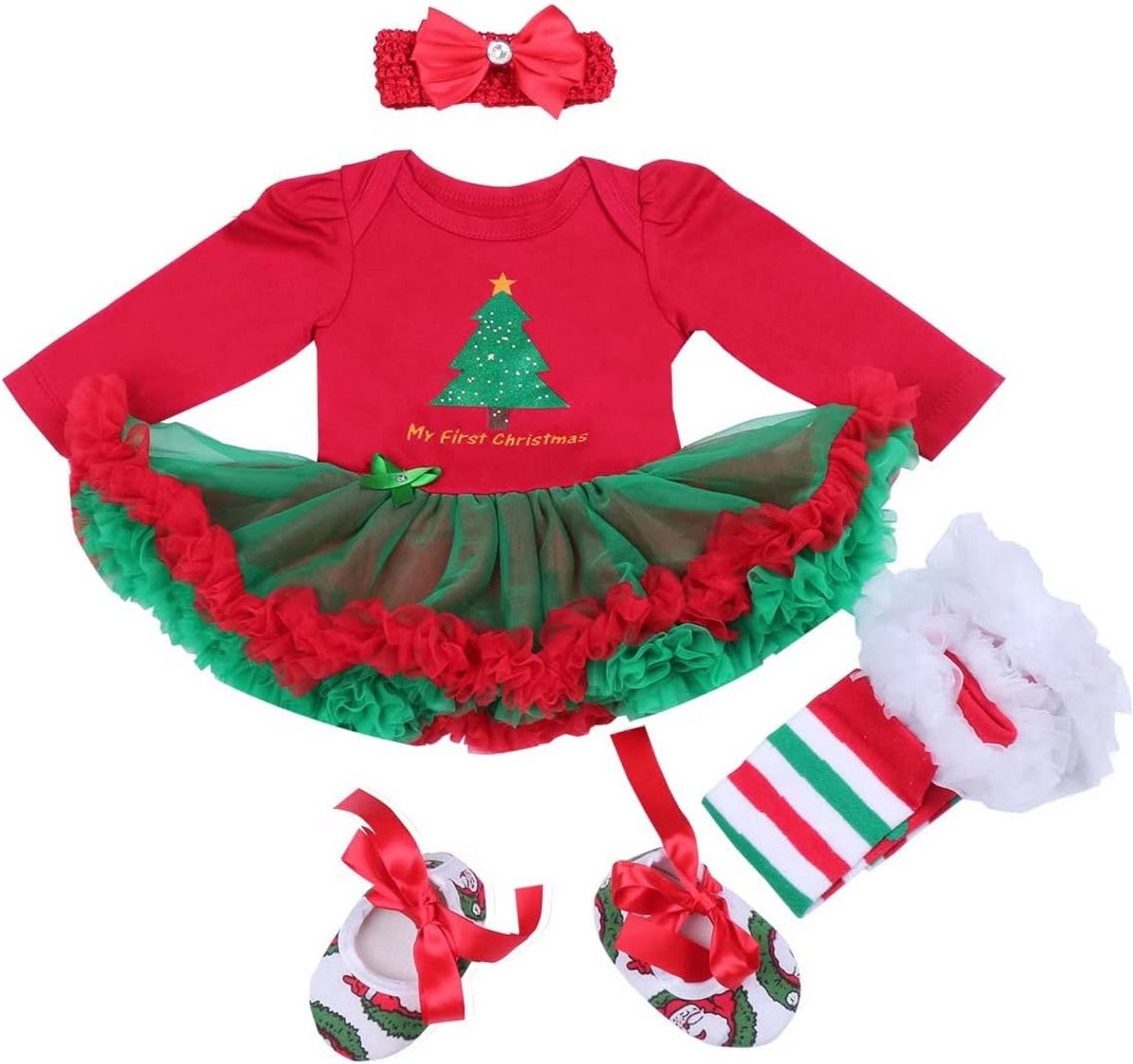 BABYPREG Mijn eerste Baby Meisje Kerstmis Outfit Pasgeboren Santa Kostuum Kerstmis Feestjurk 4pcs
