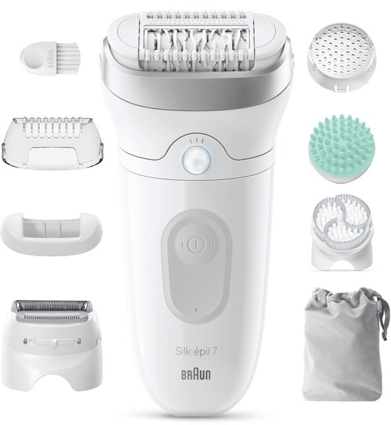 Witte Braun Silk-épil 7 epilator met diverse opzetstukken: scheerkop, trimmerkam, exfoliatieborstel, massagepad en schoonmaakborsteltje.