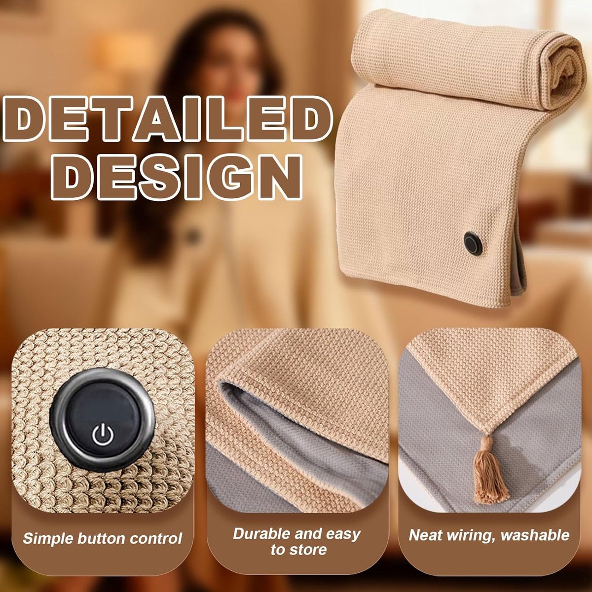 Elektrische deken - USB-verwarmde sjaal - Eenpersoons elektrische deken - Synthetische vezels 150x80cm Abrikoos - Powerbank niet inbegrepen – foto 2