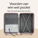 Roze koffer interieur met nat vak en gespbanden.