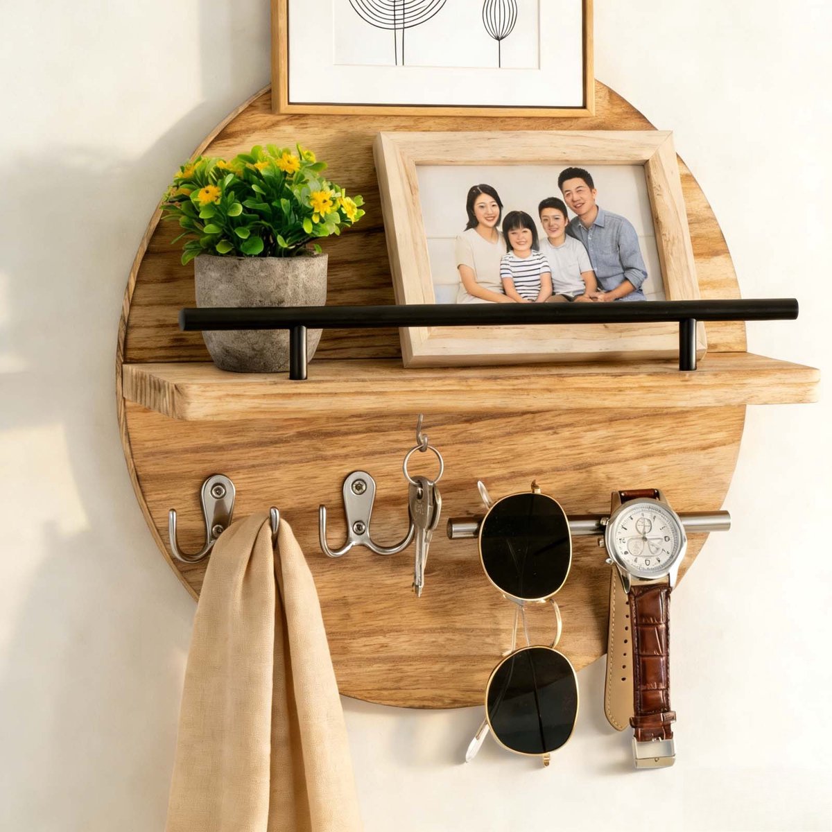 Muursleutelhanger & Opbergrek - Cirkelvormig Ontwerp (30cm) met Haken - Lichtbruin, Voor Ingang, Keuken of Hal - Decoratieve Muurorganizer