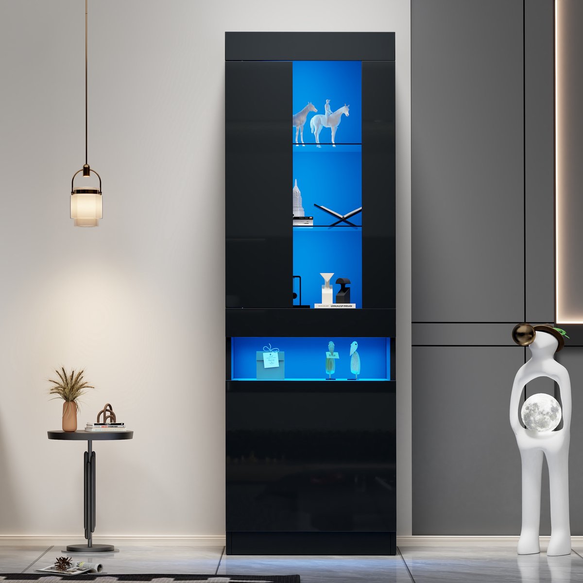 MODFU Opbergkast 50x40x180 cm van spaanplaat, met LED-verlichting en glazen planken, modern ontwerp, zwart