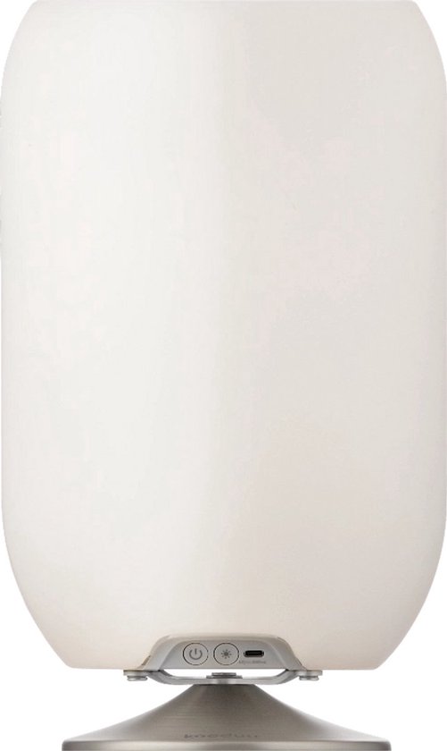 Bluetooth speaker Kooduu Atmos 35 met dimbare LED lamp en wijnkoeler, strak cilindrisch design, draadloos, zilver