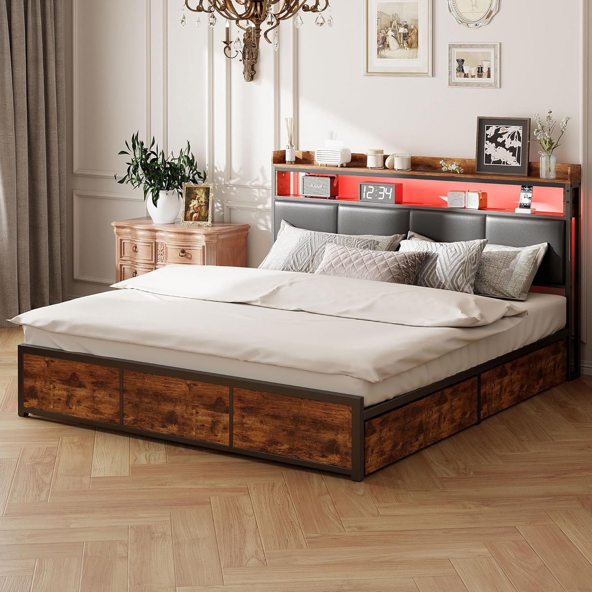 Luxe Tweepersoons Bedframe 180x200 met Opbergruimte, LED Verlichting en Hoofdeinde