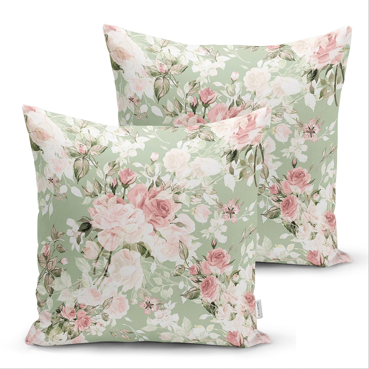 De Groen Home BLOEM - 50x50 cm - Sierkussen velvet set van 2 - Pastel Roze Bloemen - Inclusief binnenkussen Lichtgroen