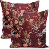 De Groen Home BLOEM - 50x50 cm - Sierkussen velvet set van 2 - Bloemen op bordeaux - Inclusief binnenkussen