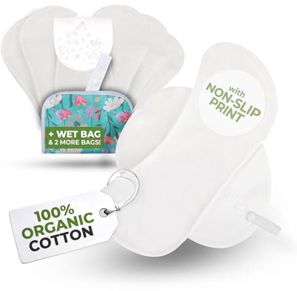 Wasbare inlegkruisjes voor dames en meisjes, biologisch katoen, met antislip print, 7 stuks, maat M