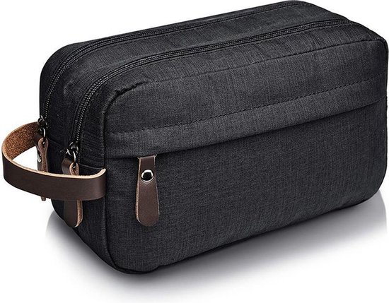 Trousse de toilette noire avec des accents et une poignée en cuir.