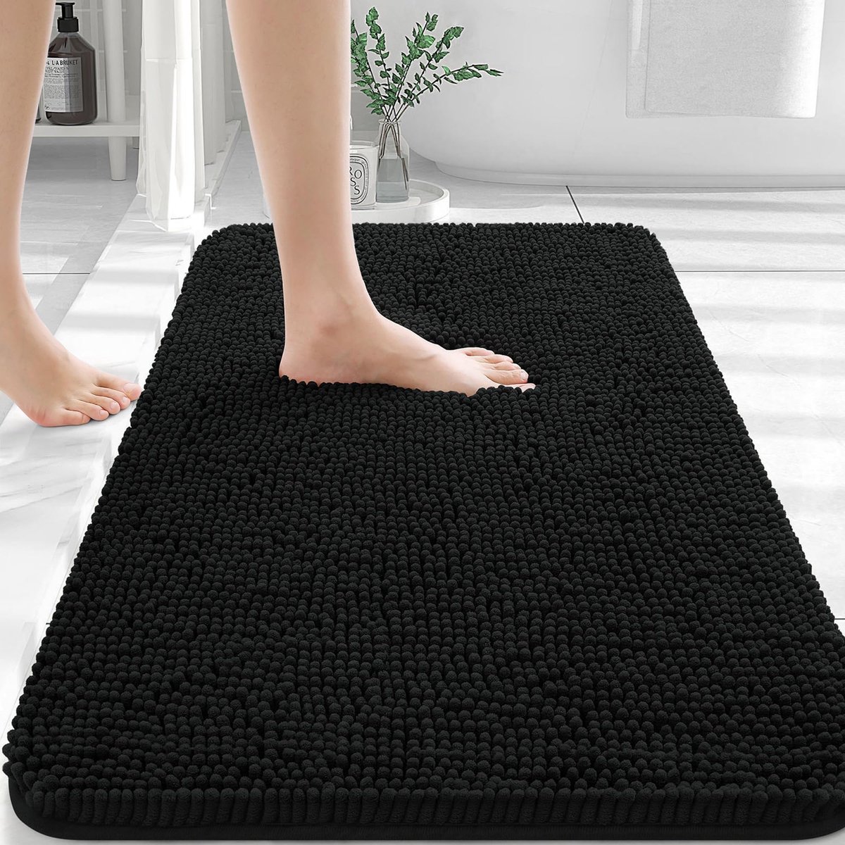 Homaxy - Antislip badmat - douchemat - Absorberende Badmat - Chenille Antislip Douchemat - Zwart - 61x91cm