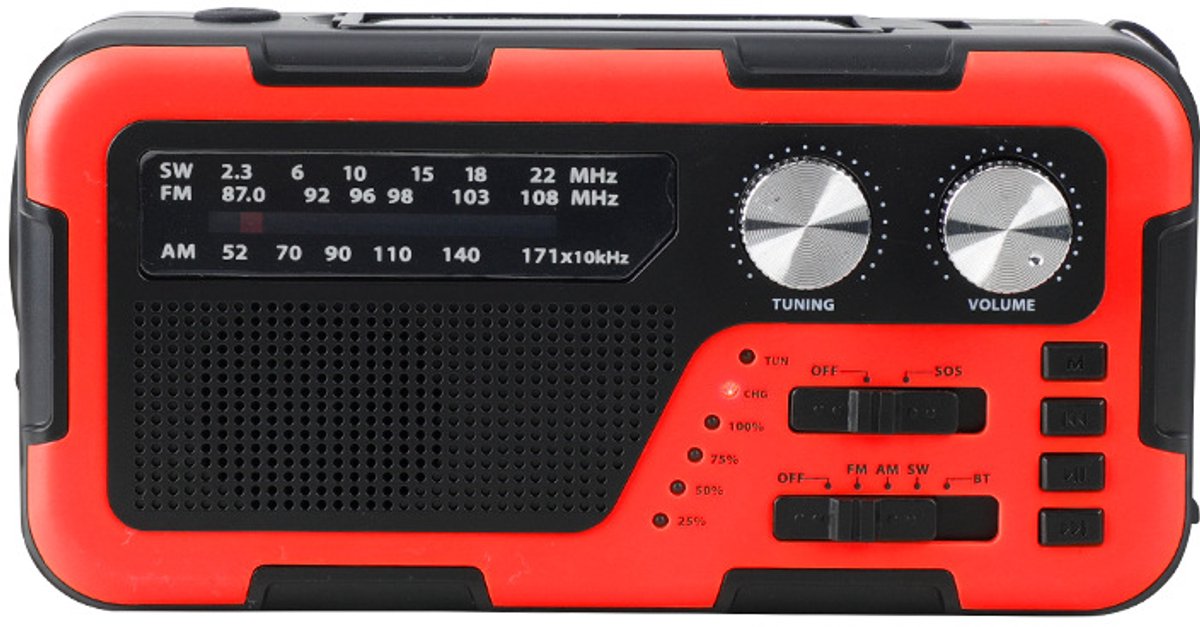 Noodradio - noodradio solar opwindbaar - Radio - opwindbare radio - Oplaadbare radio - 2000mAh - Rood