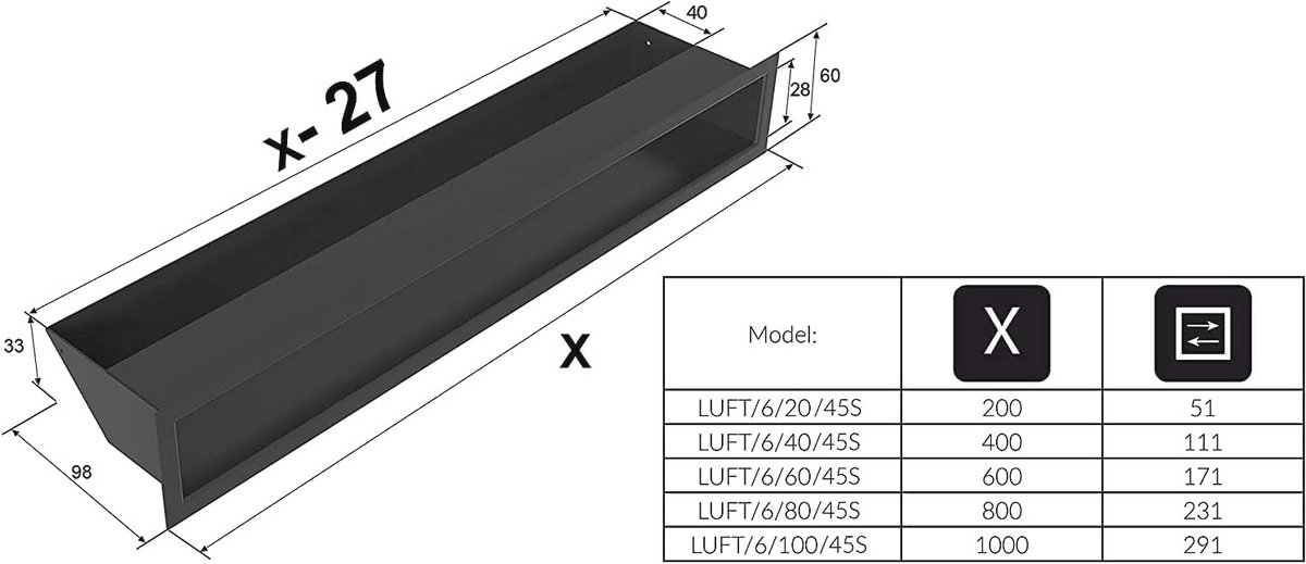 Ventilatierooster voor schoorsteenventilatie | Warmeluchtrooster 6 x 100 cm | Wit | Oververhittingsbestendig | Luchtinlaat 45 graden
