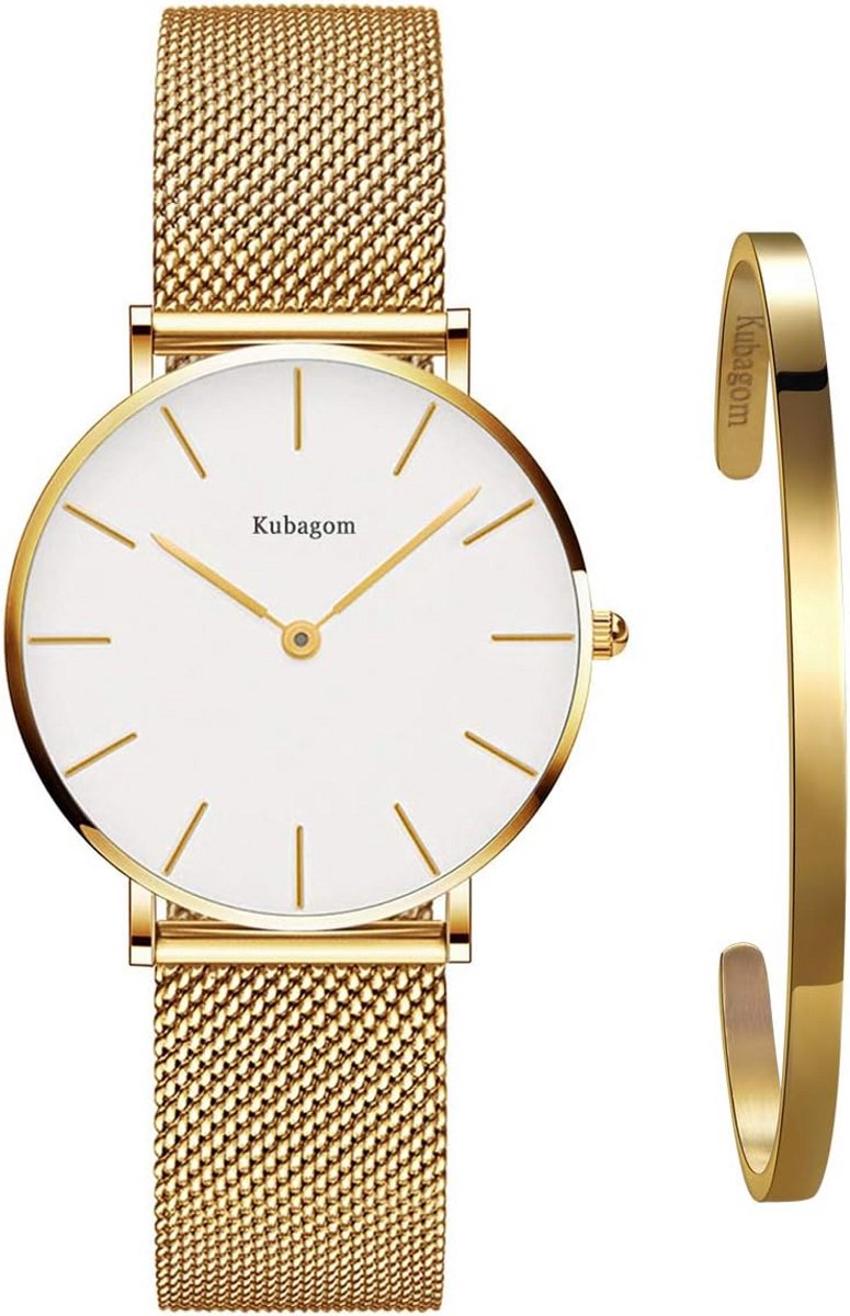 Dames Horloge Analoog Quartz Minimalistisch Dun met RVS Mesh Armband en Bangle Set