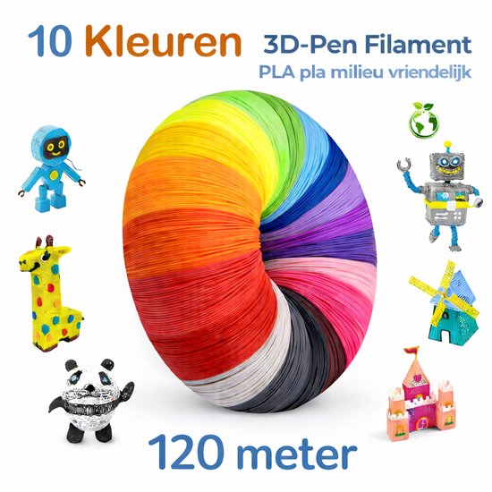 Un arc-en-ciel de filaments PLA entoure des objets imprimés en 3D tels qu'un robot, une girafe, un panda, un moulin et un château.