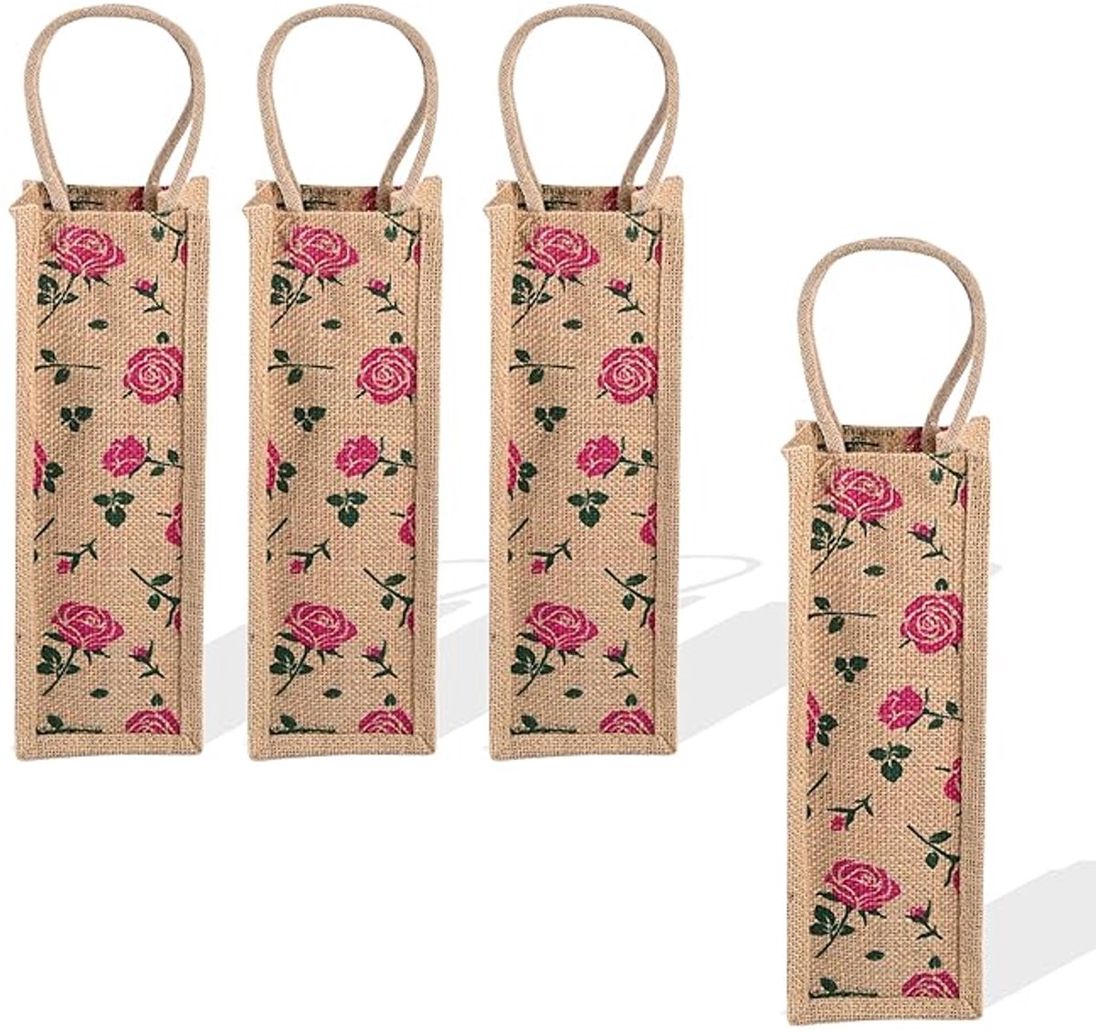 Jute Bottle Bag (Pack of 4) - 1 LTR Reusable Carry Bag With Handle for Office, Wine, Travel - Small Rose-Print Pink