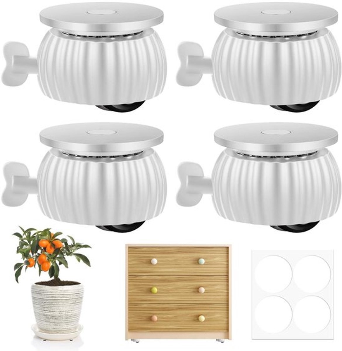 Mini Meubelwielen voor Kasten en Keukenapparaten - Zelfklevend en Met Rem - Set van 4 Stuks - Wit