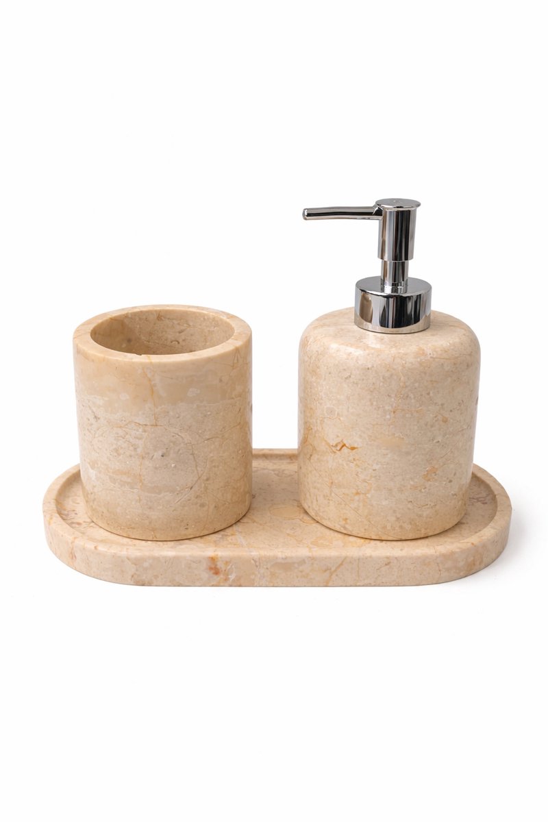 Marmeren Badkameraccessoires Set – 3-delig – Tray, Zeepdispenser & Beker – Beige Marmer – Luxe Afwerking met Zilverkleurige Details