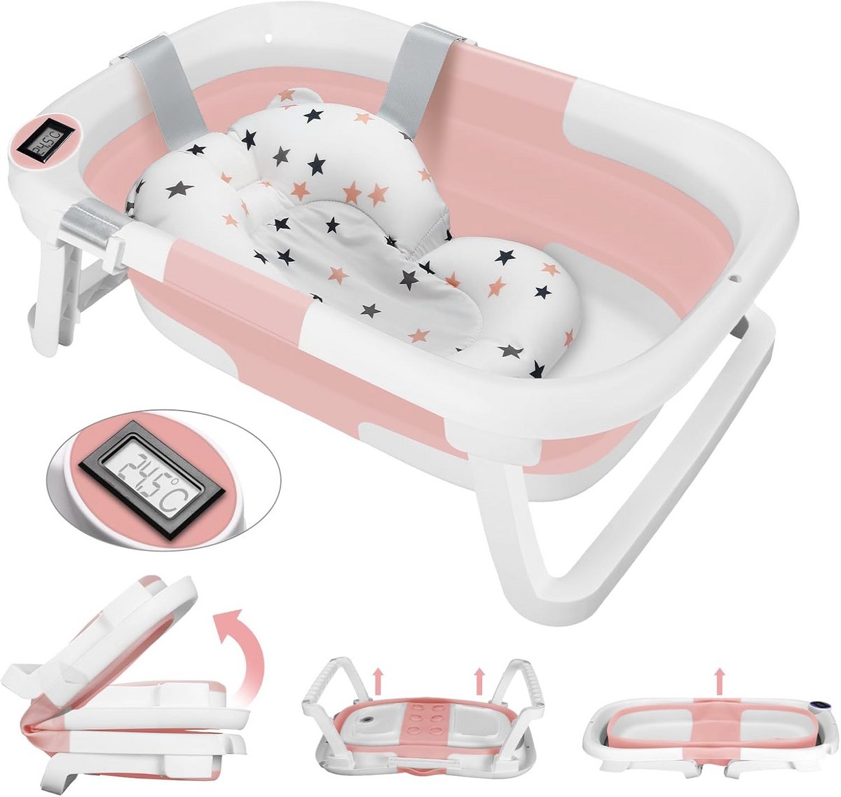 Opvouwbare babykuip - Draagbaar babybad - Baby badderen - Met thermometer - 63 x 63 x 20 cm - Roze
