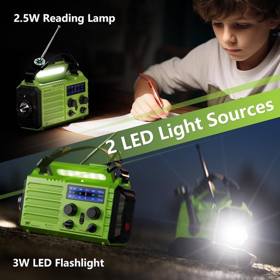 Groene noodradio met een LED leeslamp en een krachtige LED zaklamp.