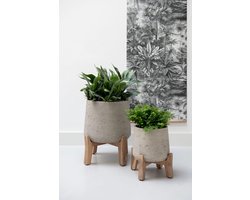 Handgemaakte XL Bloempot op Houten Poten, Grijs Keramiek-look