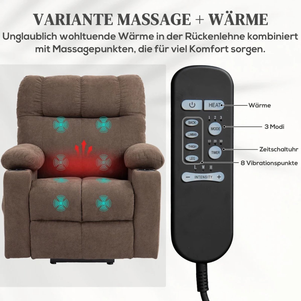 Elektrische Massagestoel - Massagefauteuil met Liftfunctie & Verwarmingsfunctie - Sta-opstoel - 8 Vibratiekoppen - Kantelbaar tot 135° - tot 150 kg - met Afstandsbediening - Relaxfauteuil - Relaxstoel - TV stoel - Bruin – foto 6