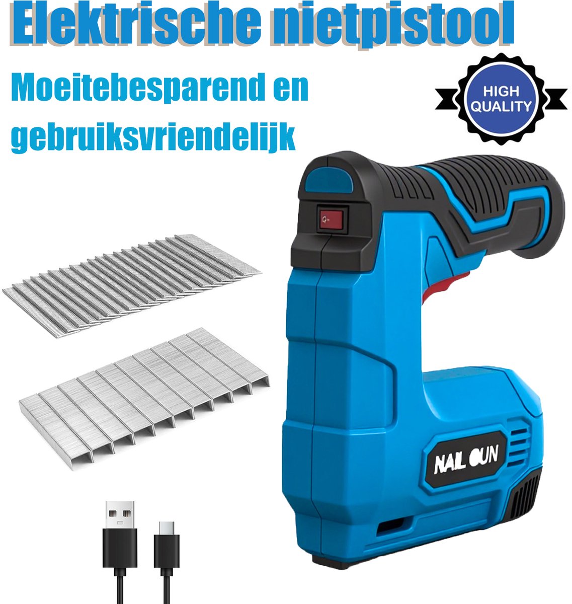 Cordless nietpistool, 2-in-1 nagelaar en nietmachine, 20 schoten per minuut, inclusief 1000 spijkers