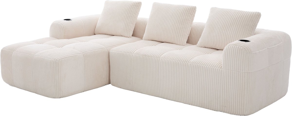 Compacte corduroy bank – zacht, modulair en praktisch voor dagelijks gebruik, met een zijvak en bekerhouder. Hoogwaardig comfort voor langdurig zitten, inclusief 3 kussens. Ideaal voor woonkamers, studeerkamers en meer. Beige