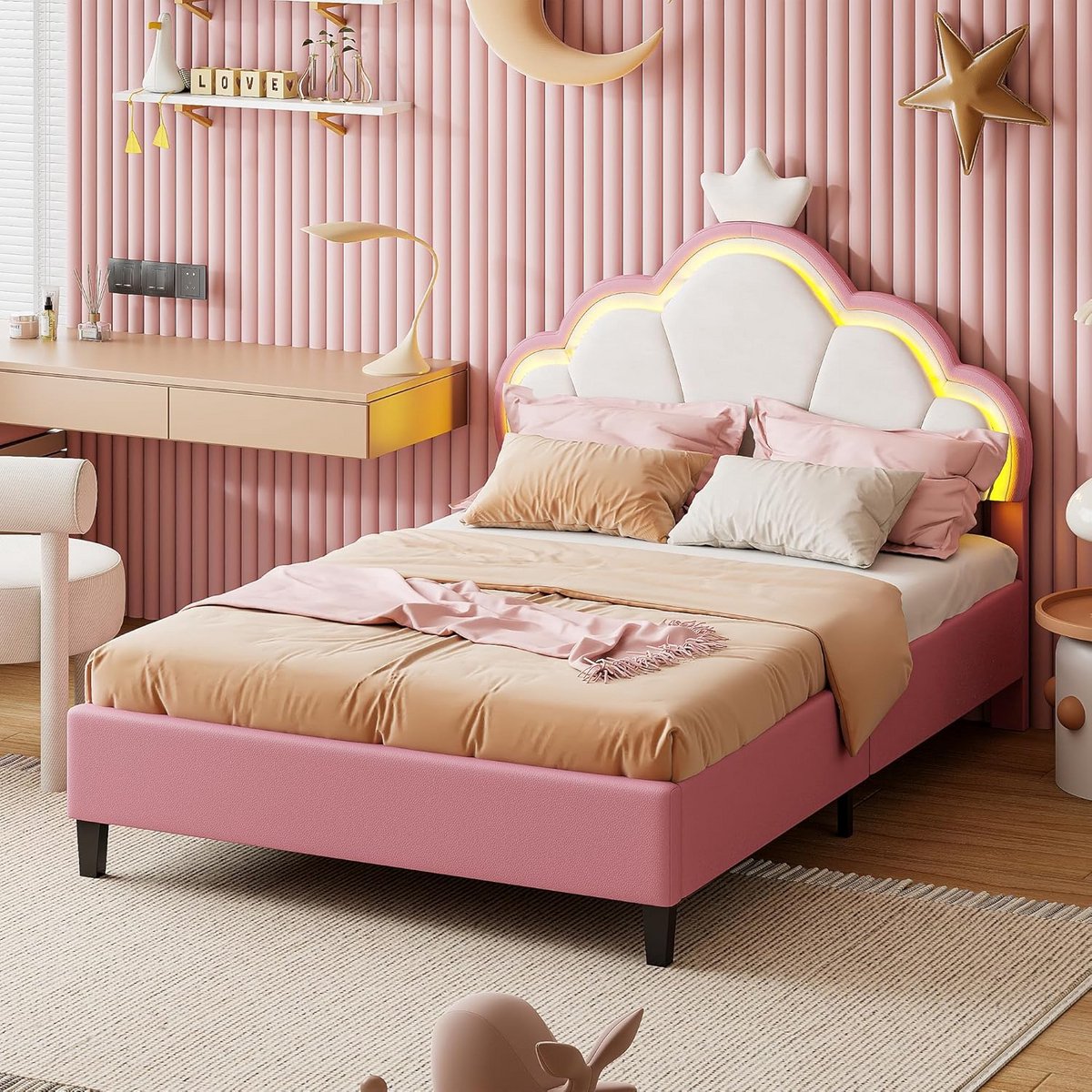 Eenpersoons Gestoffeerd Bed 90x200 cm Roze met LED Hoofdbord en Lattenbodem