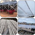 Toepassingen van transparante zeildoeken: paviljoen met tafels, afdekking van een constructie, bedekking van planten.