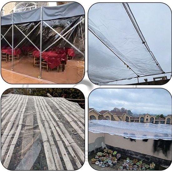 Toepassingen van transparante zeildoeken: paviljoen met tafels, afdekking van een constructie, bedekking van planten.