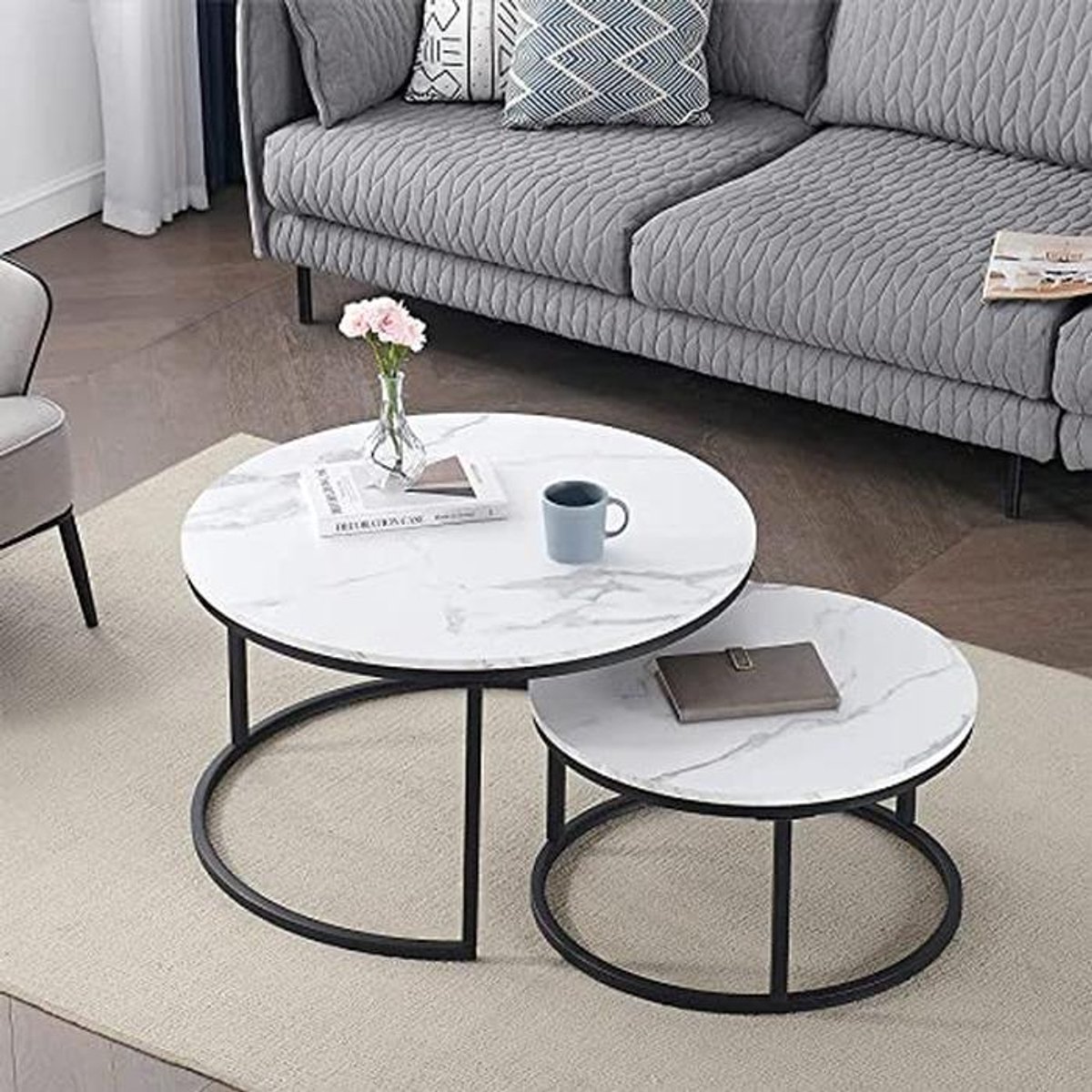 Set van 2 moderne ronde uitschuifbare salontafels met gouden frame voor woonkamer en kanto