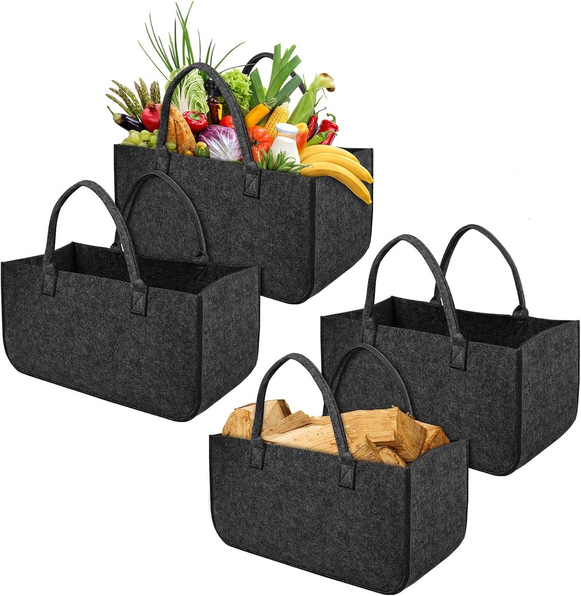 Set van 4 Vilten Houders voor Haardhout en Boodschappen, Opvouwbaar