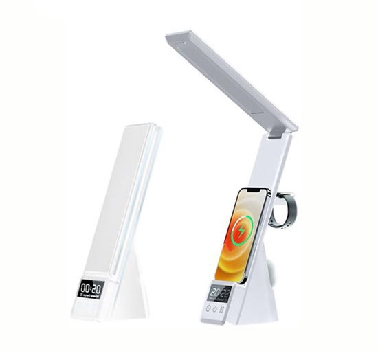 Foto: Opvouwbare bureaulamp 3 in 1 draadloze oplaadbare bureaulamp met draadloos opladen wekker en slimme klokweergave aanraakschakelaar type c poort voor plug in gebruik drie kleurtemperatuurstanden inclusief oplaadkabel 1 pack wit