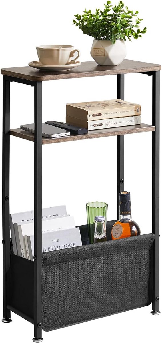 Smal bijzettafel met 3 niveaus en stoffen opbergmand - Compact nachtkastje voor woonkamer en slaapkamer
