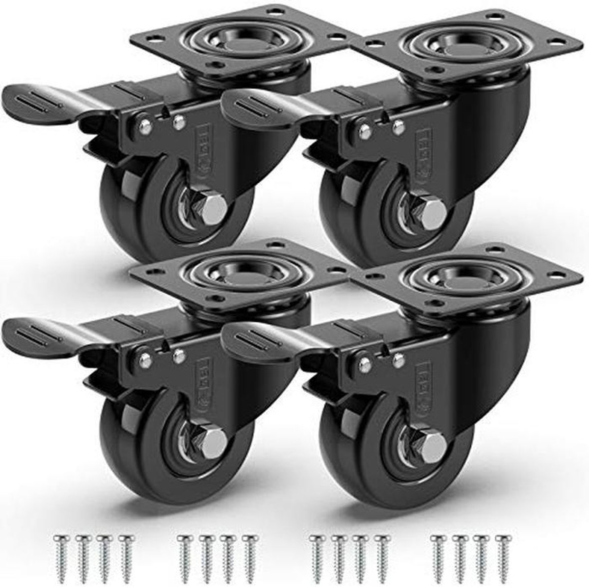 GBL Heavy Duty Castors with 4 Brakes + Screws - 50mm to 200kg - 4 Pieces Without Floor Tracks Silent Castors for Furniture - Rubber Trolley Wheels - Black
