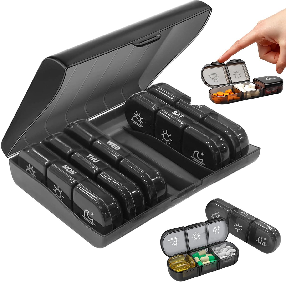 Ynkkvre - wöchentlicher Pillendose 7 Tage - Tablettenbox 7 Tage - Wochen Tablettenbox - Draagbare 7-daagse pillendoos - Reispillendoos - Vochtwerende pillendoos - Dubbele Sluiting & Anti-Omvallen - Artritis Vriendelijk Openen